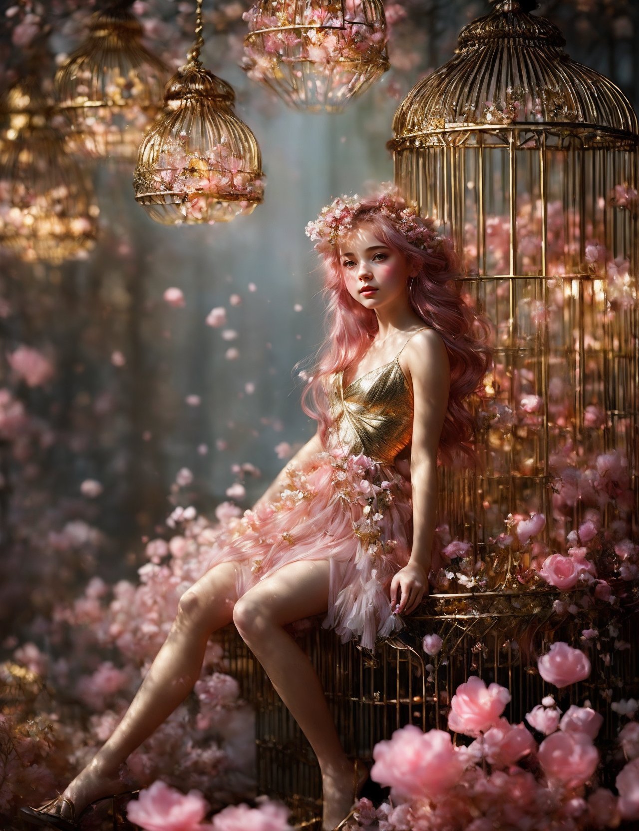 06137-1709154084-a very beautiful (little fairy) in a pink dress made of glowing petals is sitting in a ((golden forged cage)), trend on artstati.jpg